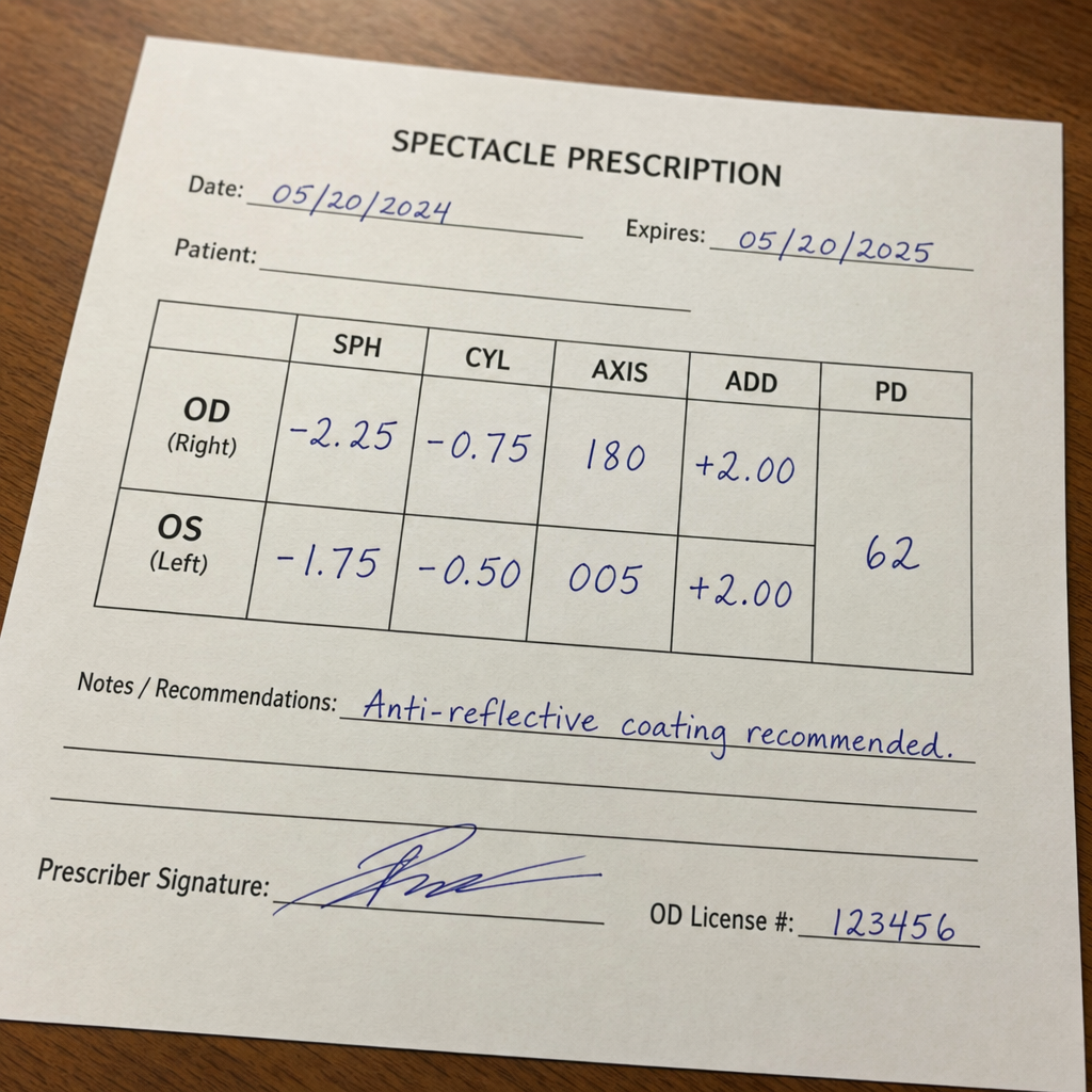 A handwritten spectacle prescription on a pad with blue-ink right and left eye values and a signature