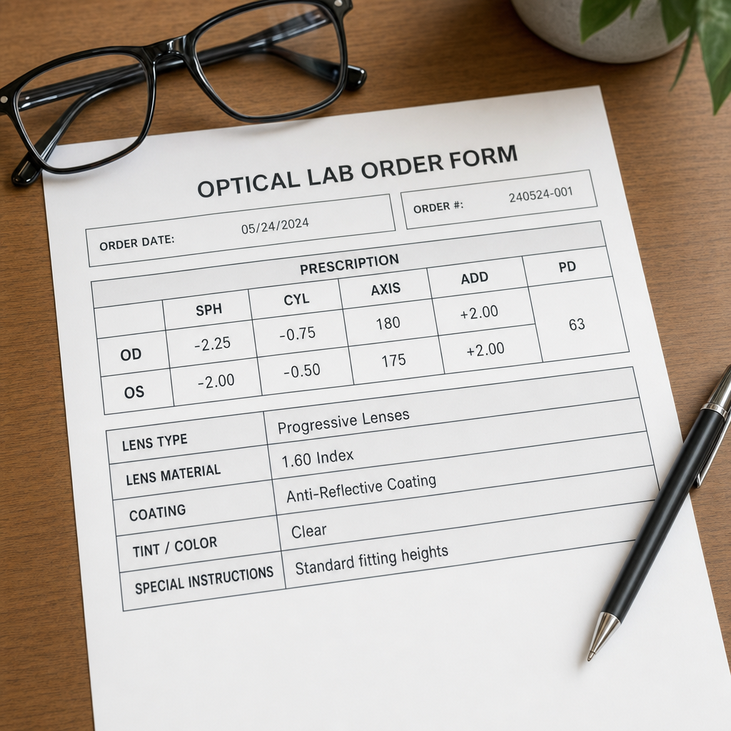 A filled optical lab order form on a desk showing SPH, CYL, AXIS, ADD and PD values for the right and left eye