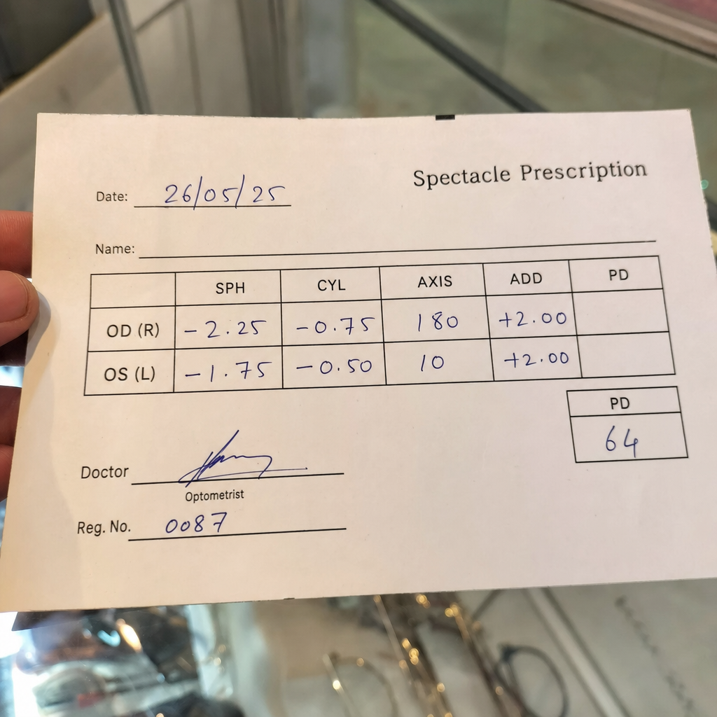A phone-camera photo of a handwritten optical prescription held over an optical shop counter