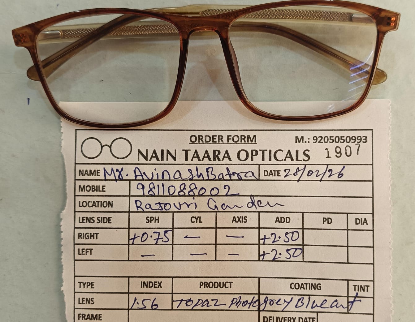 Handwritten optical order form